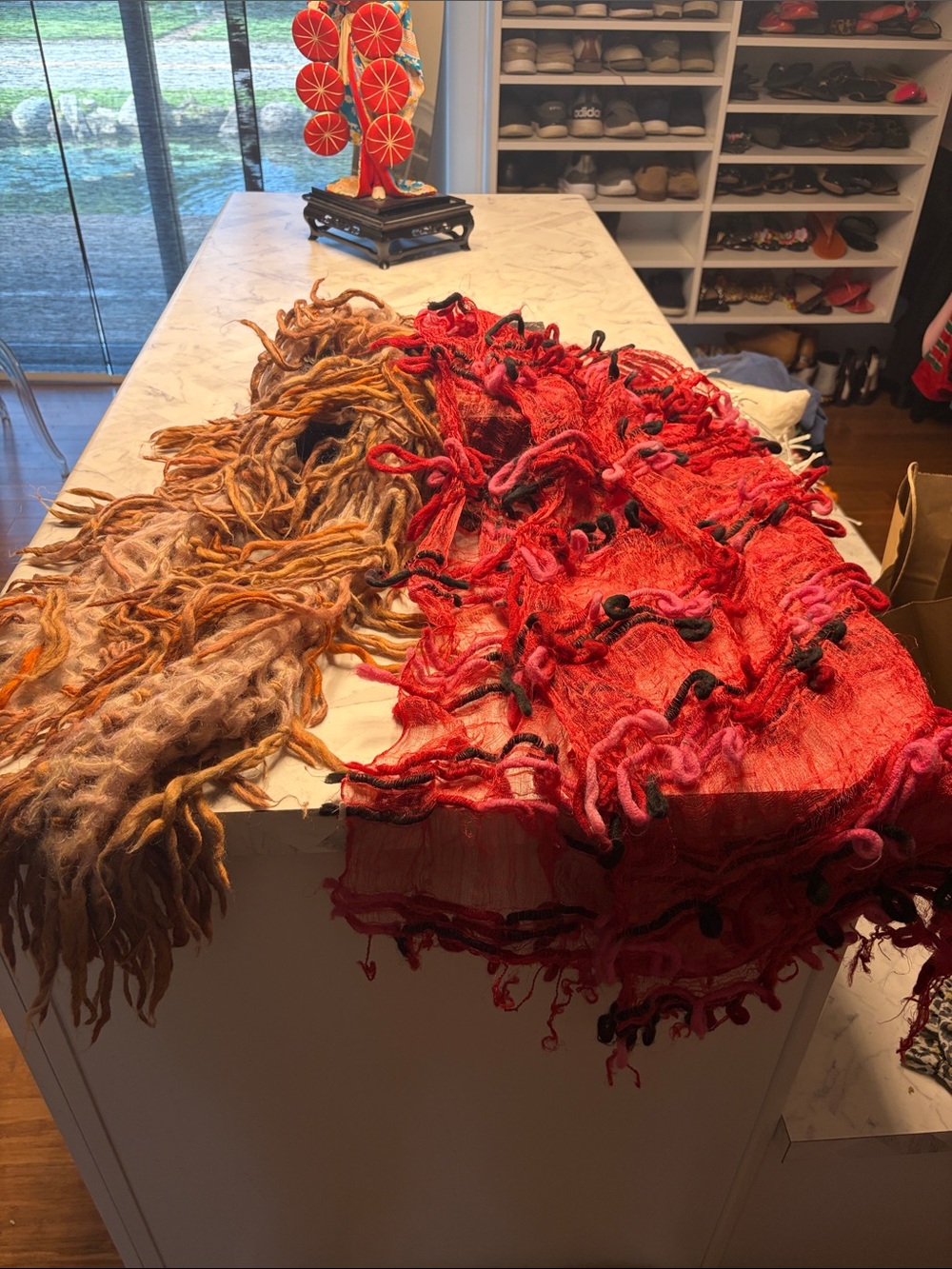 Handwoven Fringe Scarves - Red & Brown